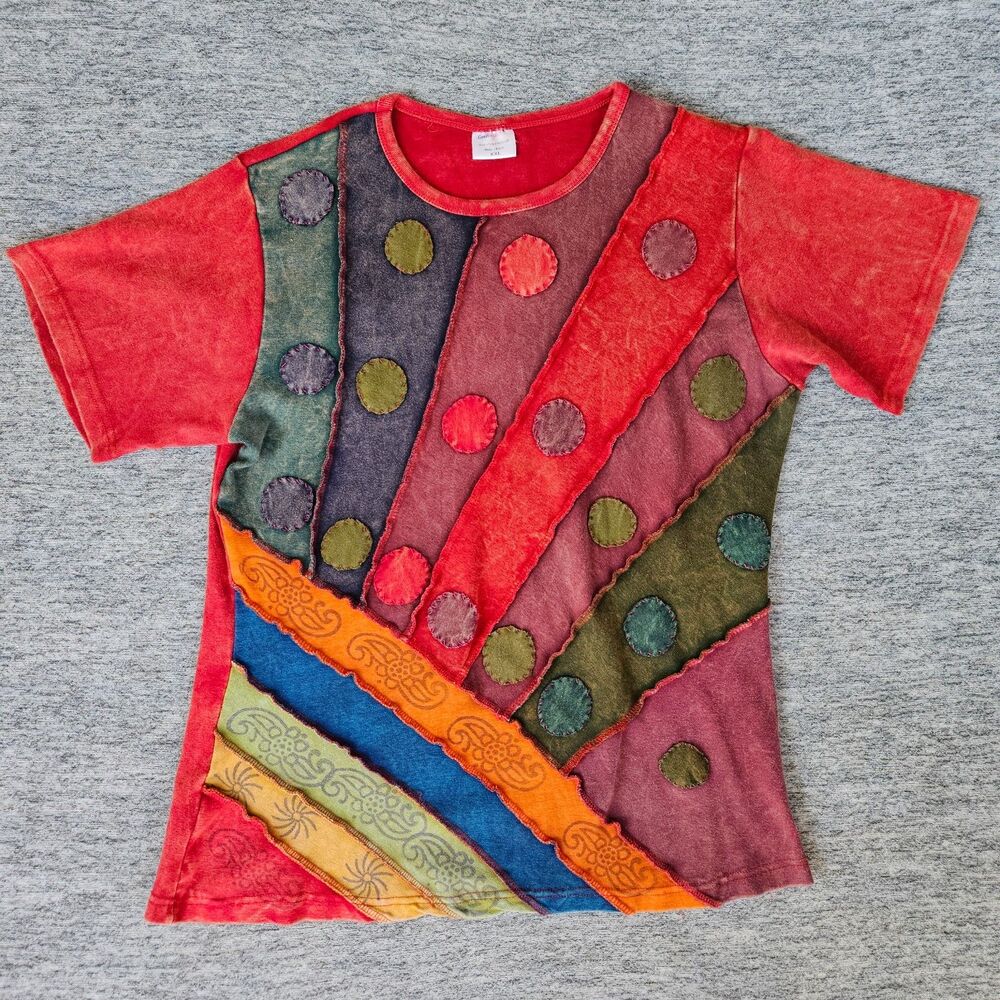 Greater Good Patchwork Top XXL Multicolor Short Sleeve Hippie Boho Indie Nepal